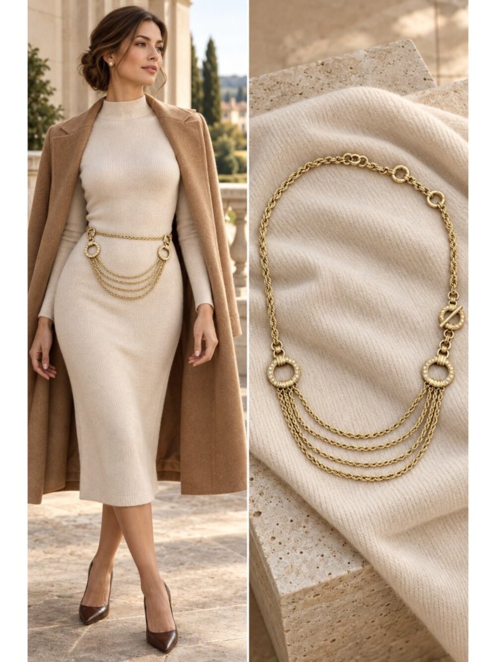 Gold Tone Multi Strand Chain Belt Rhinestone Statement Waist Belt Y2K